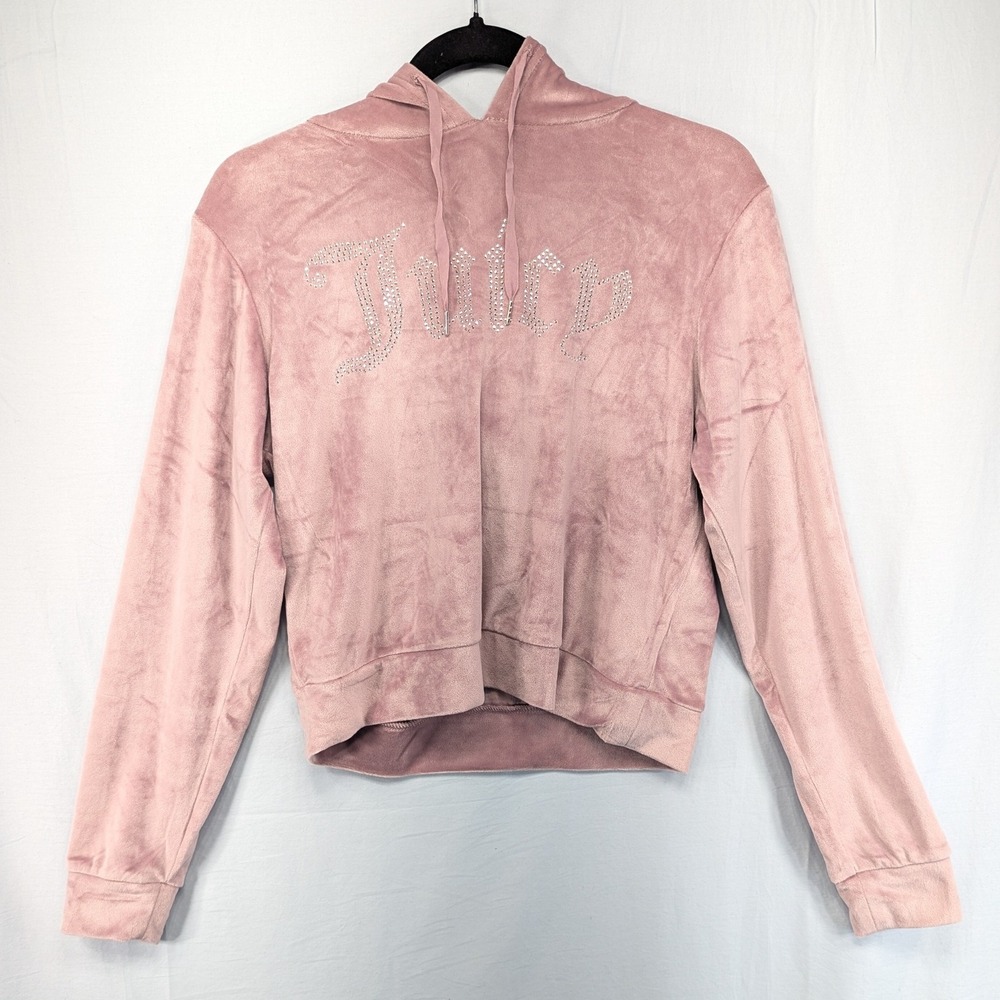 Juicy Couture Velour‎ Hoodie Rhinestone Logo Pink Cropped Size M